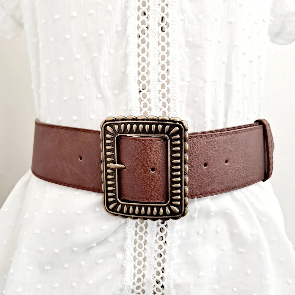 Wide brown vegan leather boho chic vintage big bronze buckle waist belt - Picture 1 of 15